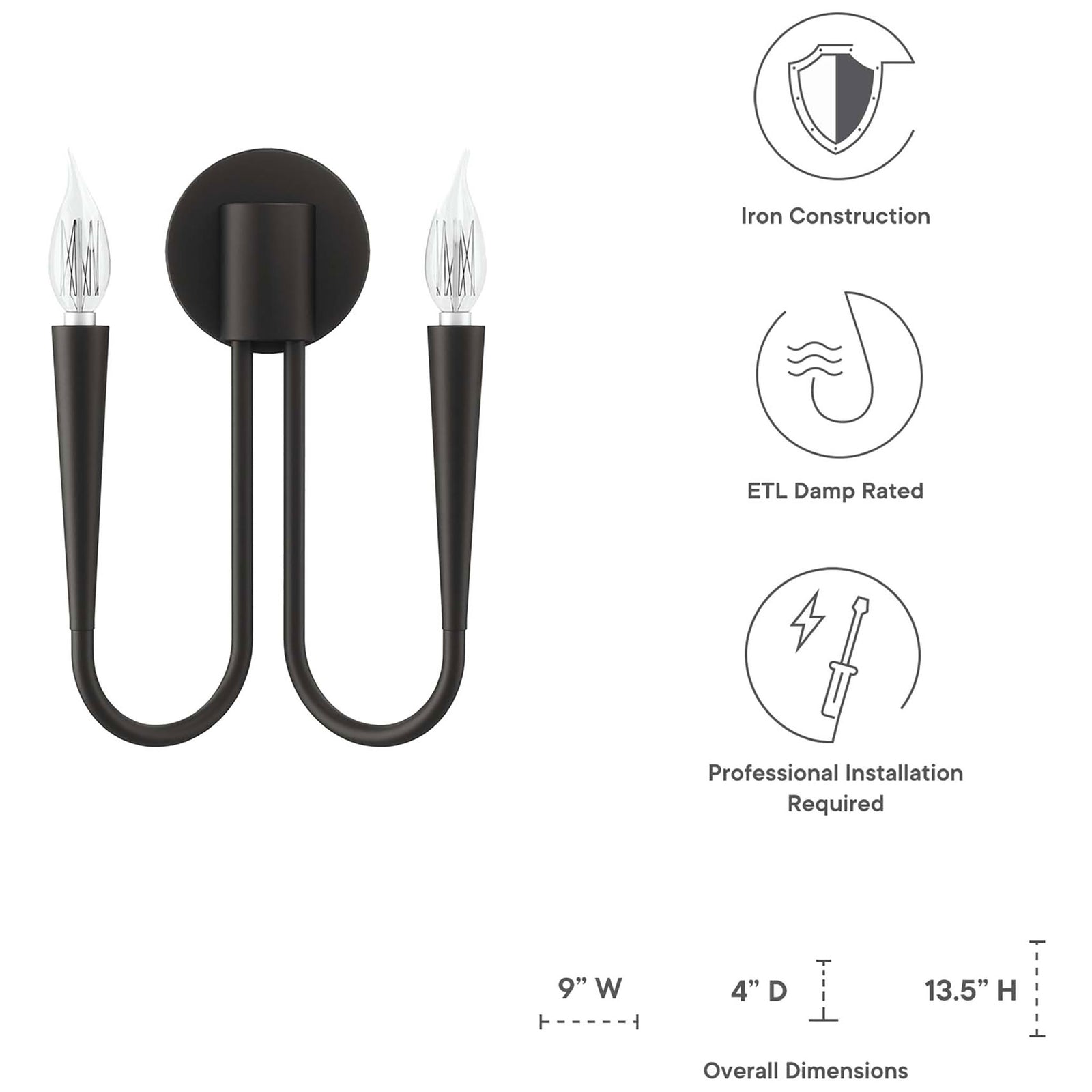 Dimensions and key specs for the Penrose black 2-light wall sconce, including width, depth, and overall height. || EEI-5666-BLK || dimension_studio