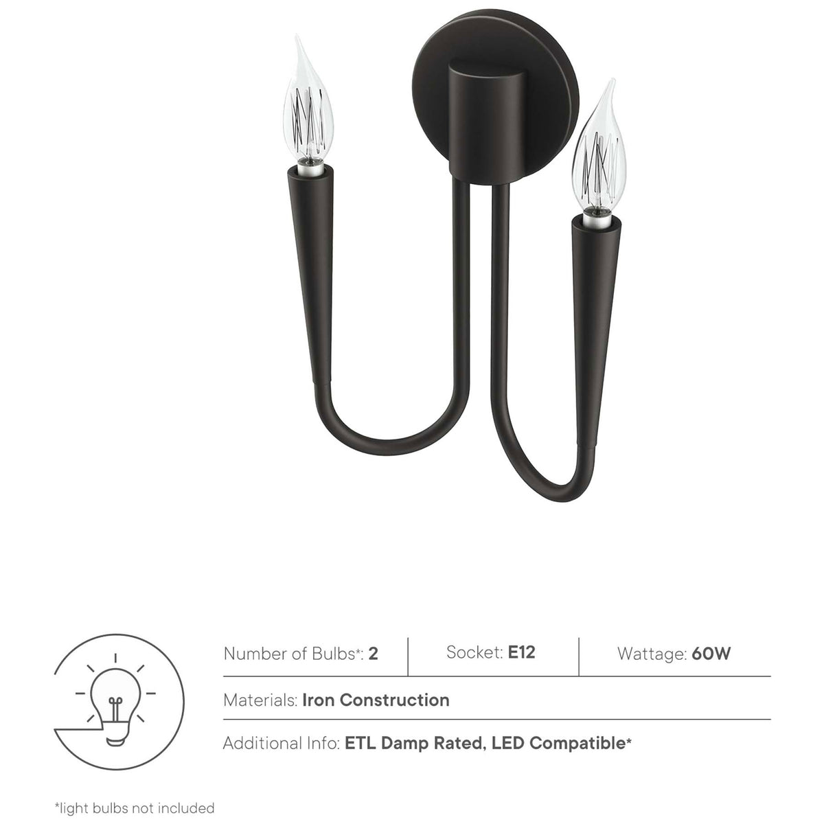 Feature icons highlight iron construction, E12 sockets, ETL damp rating, and professional installation for this sconce. || EEI-5666-BLK || callout_studio