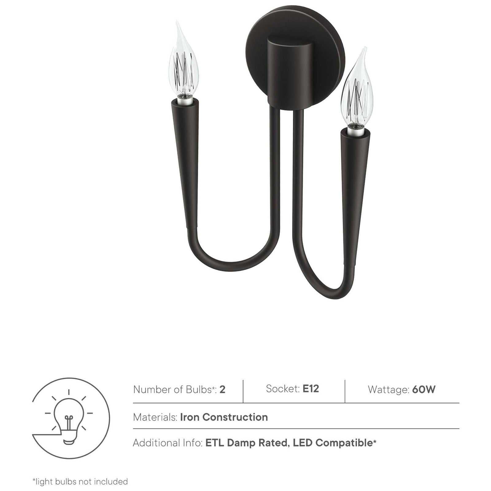 Feature icons highlight iron construction, E12 sockets, ETL damp rating, and professional installation for this sconce. || EEI-5666-BLK || callout_studio