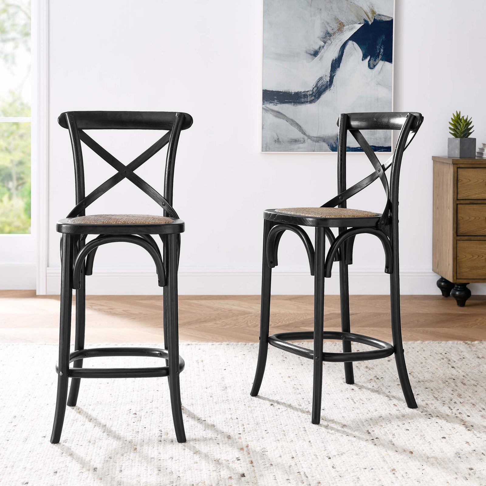 Stylish counter stools complement the room with X-back frames, rattan seats, and footrests. || EEI-5667-BLK || front_angle_room