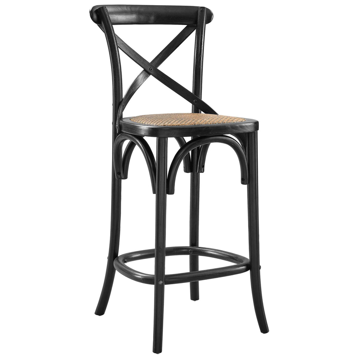 Counter stool with black elm frame, X-brace back, woven rattan seat, and footrest ring. || EEI-5667-BLK || front_angle_studio