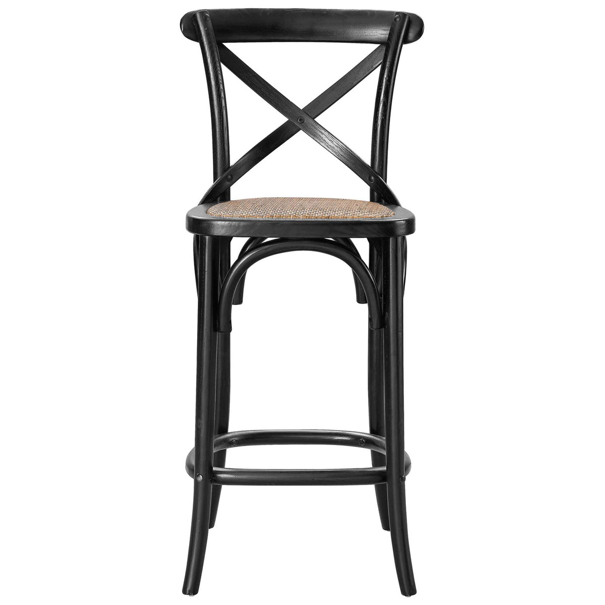 Counter stool features X-brace back, woven rattan seat, and sturdy black elm wood frame. || EEI-5667-BLK || front_studio