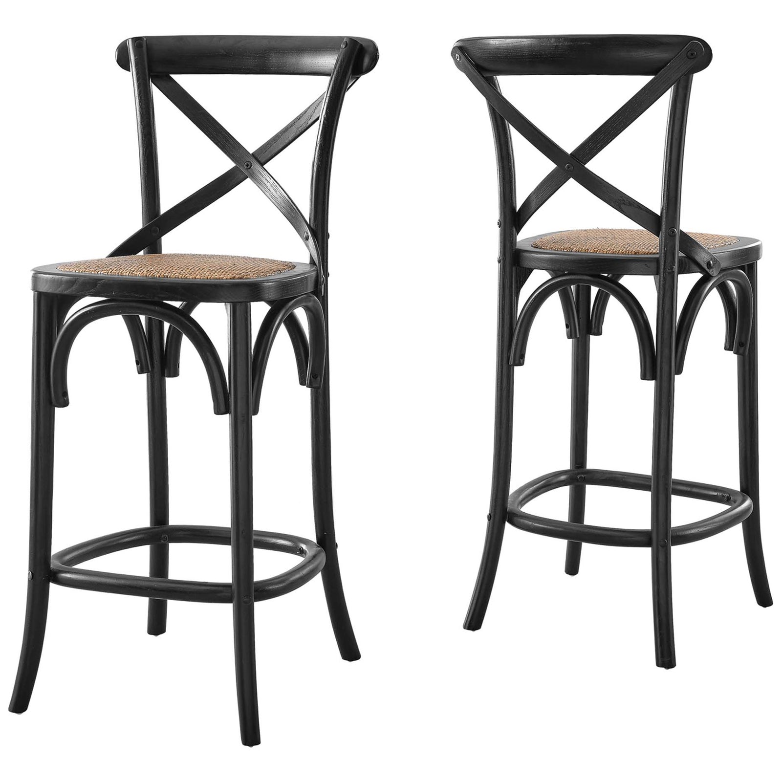 Two counter stools highlight the X-back design, woven rattan seats, and black elm frames. || EEI-5667-BLK || front_angle_studio