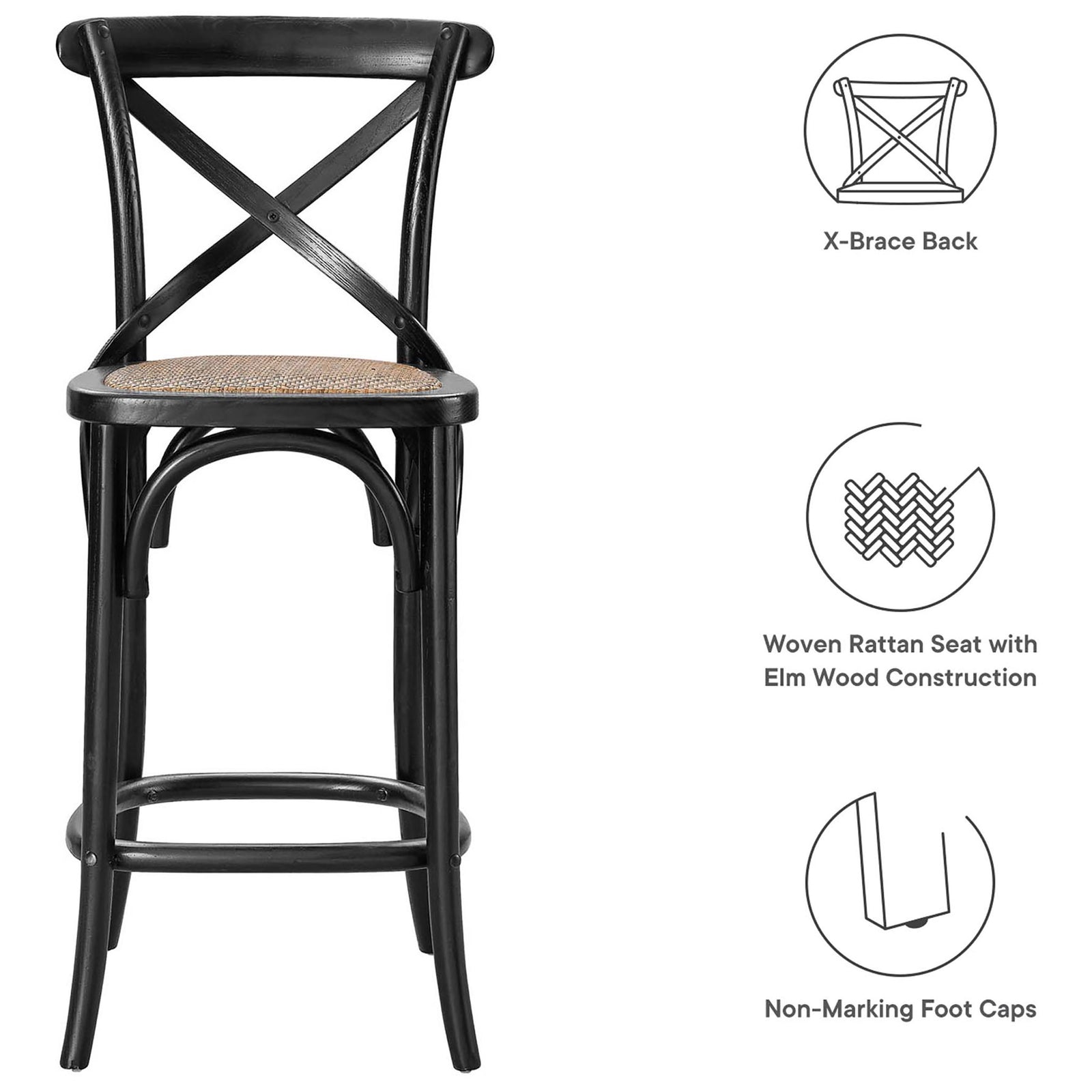 Feature highlights include X-brace back, woven rattan seat, and non-marking foot caps. || EEI-5667-BLK || callout_studio