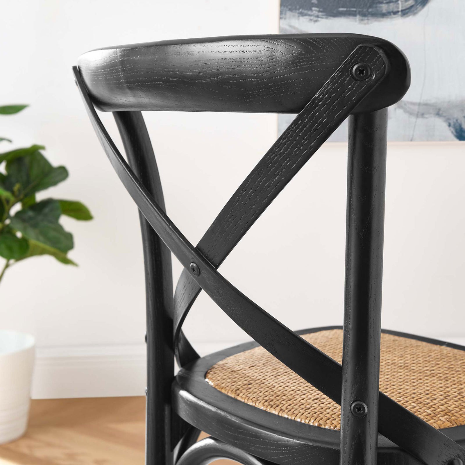 Black wood X-back and curved top rail bring farmhouse charm to the space. || EEI-5667-BLK || detail_room
