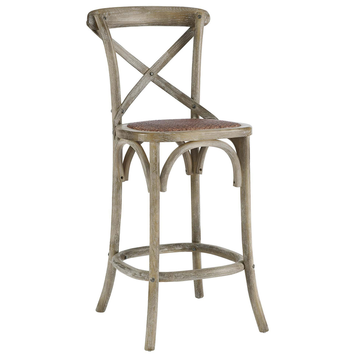 Farmhouse counter stool in weathered gray elm with braided rattan seat, splayed legs, and a curved footrest ring || EEI-5667-GRY || front_angle_studio