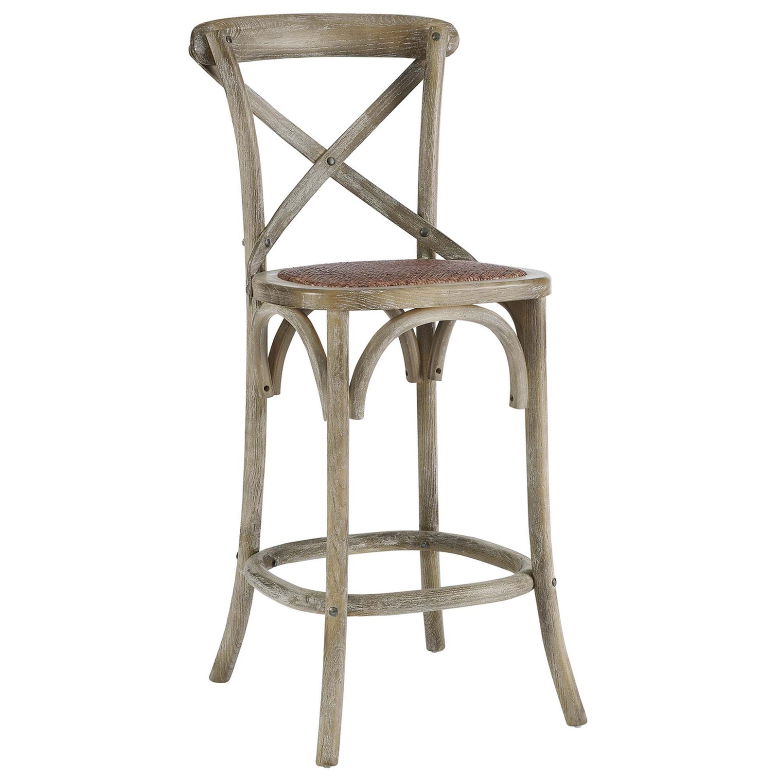 Farmhouse counter stool in weathered gray elm with braided rattan seat, splayed legs, and a curved footrest ring || EEI-5667-GRY || front_angle_studio