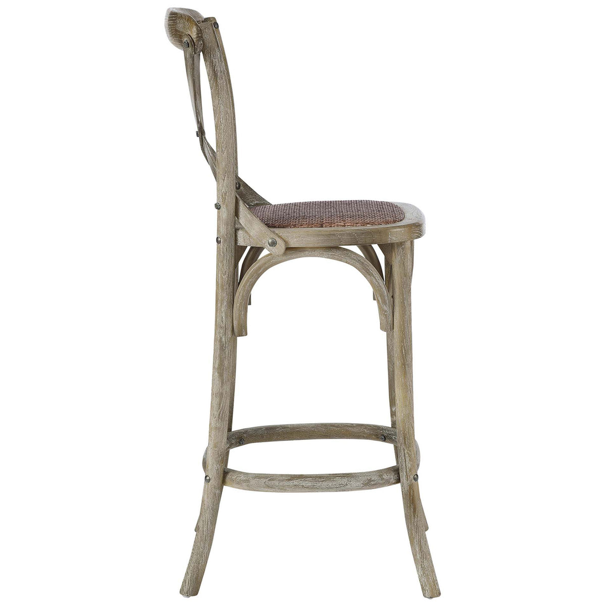 Side profile showcases arched stretchers, round footrest, and woven rattan seat on a sturdy elm wood frame || EEI-5667-GRY || side_studio