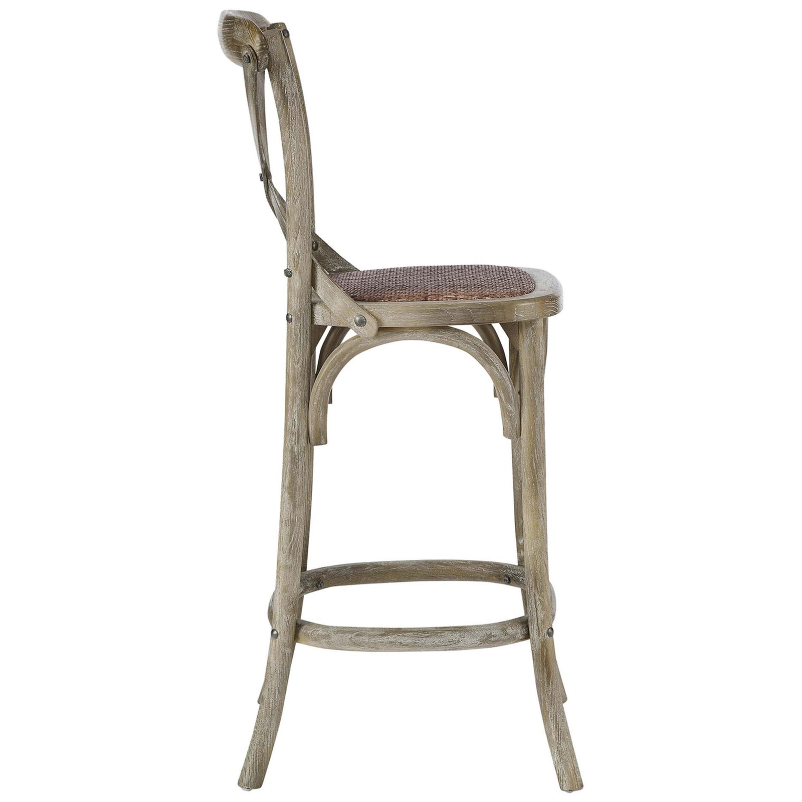 Side profile showcases arched stretchers, round footrest, and woven rattan seat on a sturdy elm wood frame || EEI-5667-GRY || side_studio
