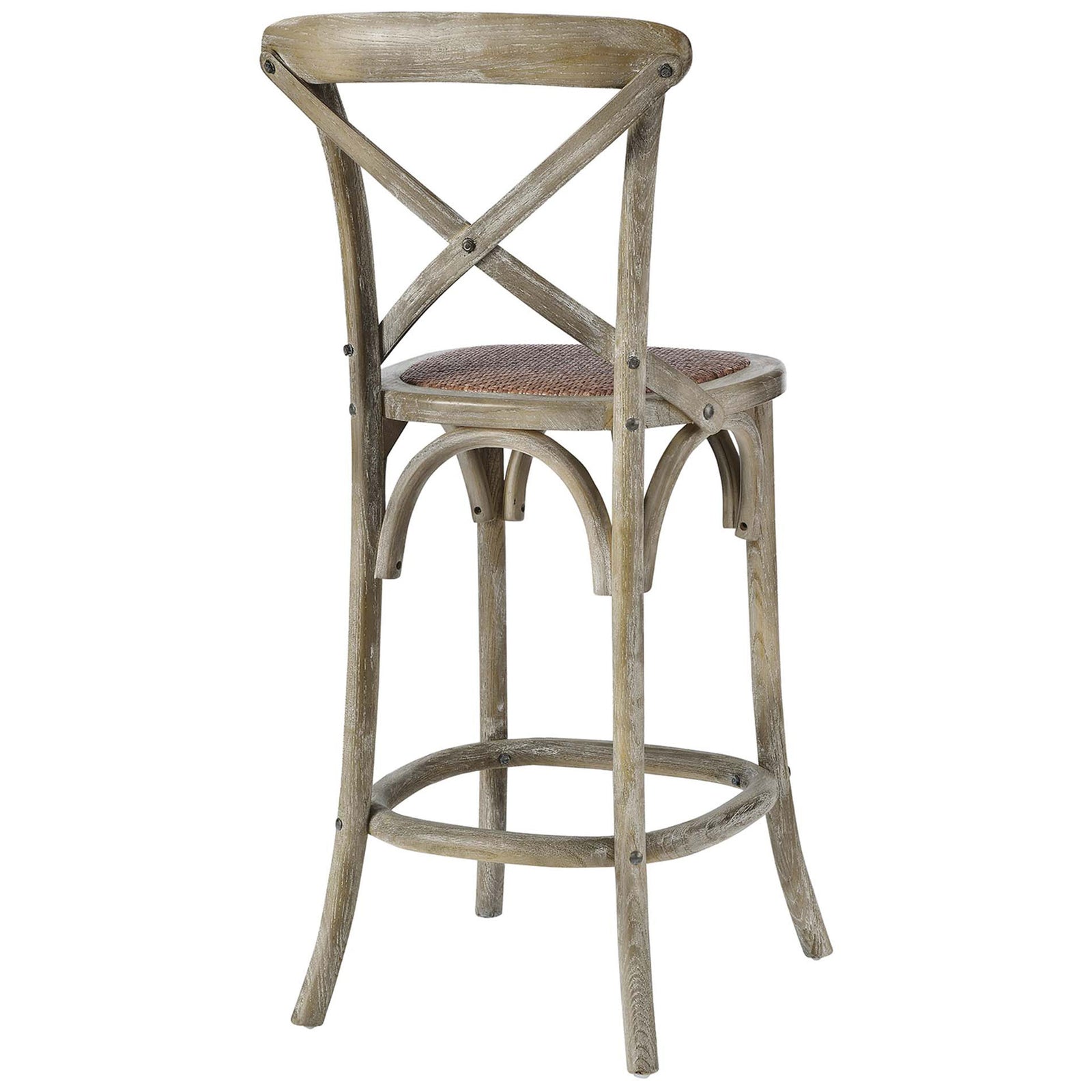 Back view highlights the X-brace and graceful curves in weathered gray elm with a textured rattan seat || EEI-5667-GRY || back_angle_studio