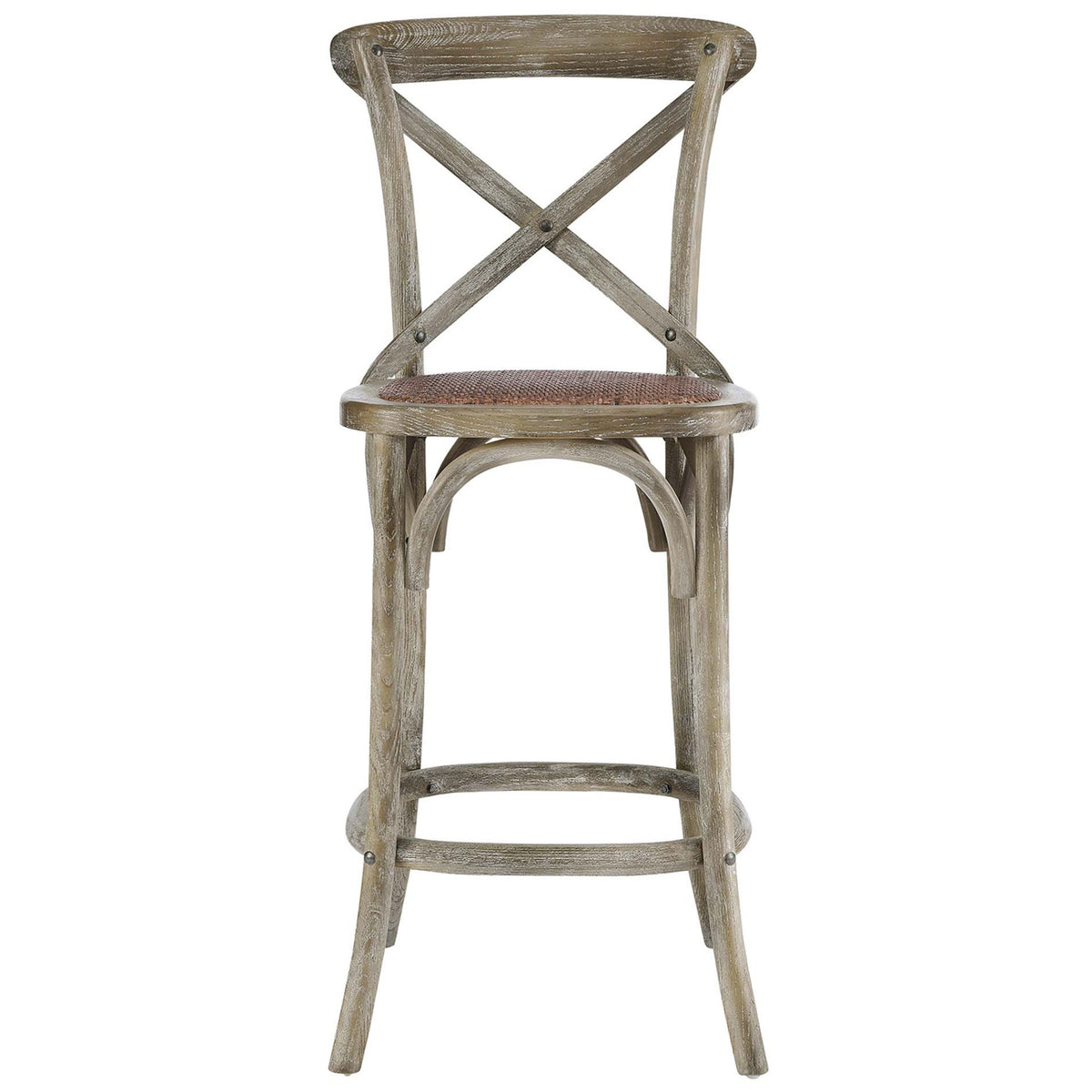 Classic cross-back counter stool with woven rattan seat and arched stretcher details in weathered gray elm || EEI-5667-GRY || front_studio
