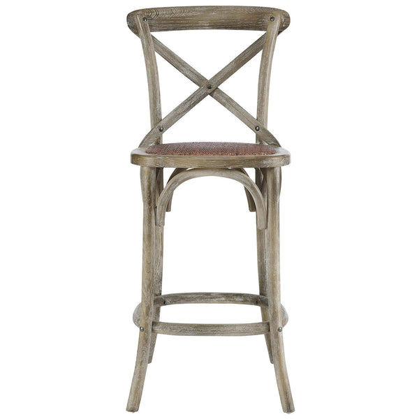 Classic cross-back counter stool with woven rattan seat and arched stretcher details in weathered gray elm || EEI-5667-GRY || front_studio