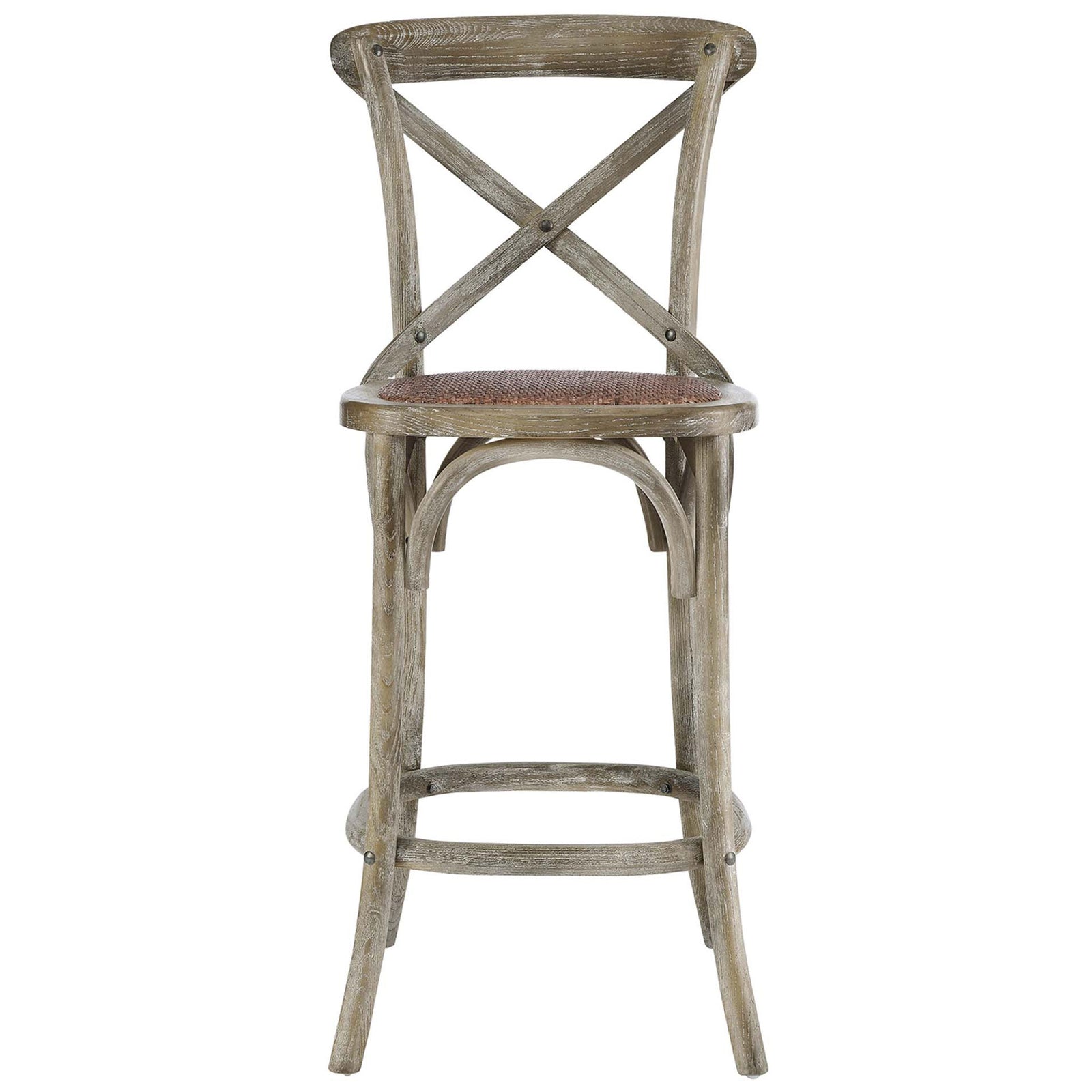 Classic cross-back counter stool with woven rattan seat and arched stretcher details in weathered gray elm || EEI-5667-GRY || front_studio