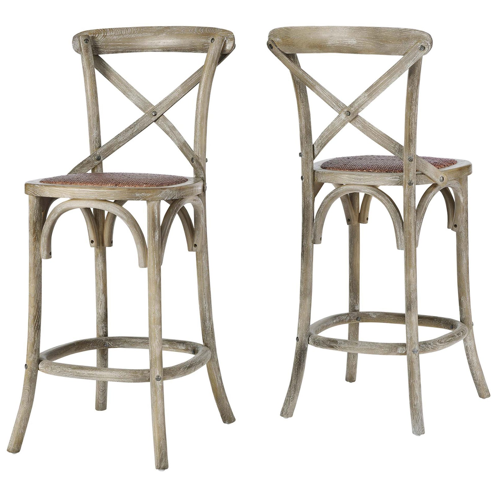 Weathered gray counter stool with cross-back charm and supportive footrest, featuring a handwoven rattan seat || EEI-5667-GRY || front_angle_studio