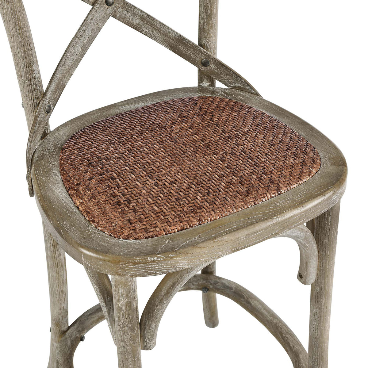 Close-up of the woven rattan seat texture with smooth, rounded elm wood edging || EEI-5667-GRY || detail_studio