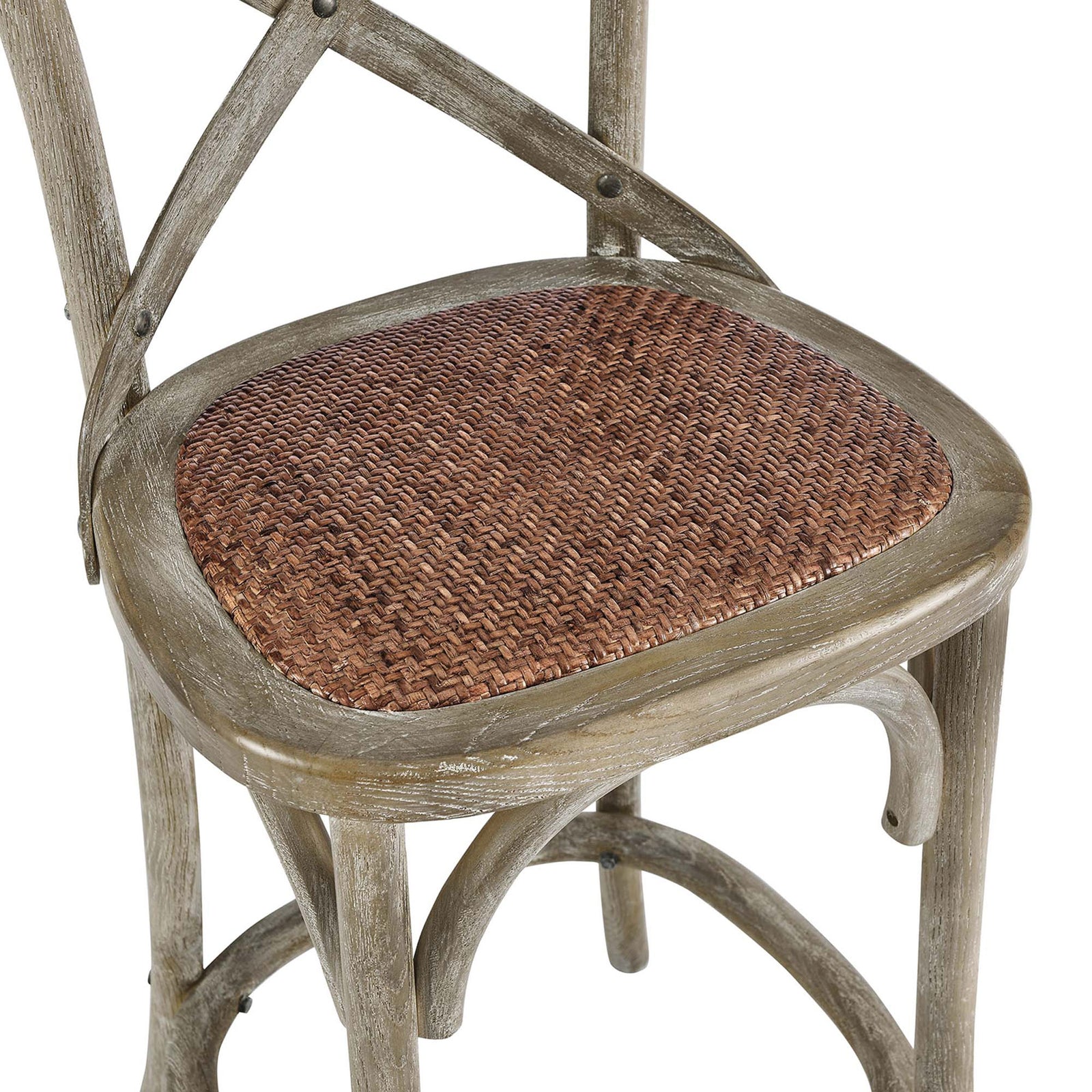Close-up of the woven rattan seat texture with smooth, rounded elm wood edging || EEI-5667-GRY || detail_studio
