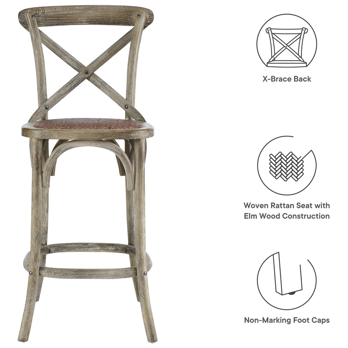 Cross-back counter stool features elm wood construction, woven rattan seat, and protective foot caps || EEI-5667-GRY || callout_studio
