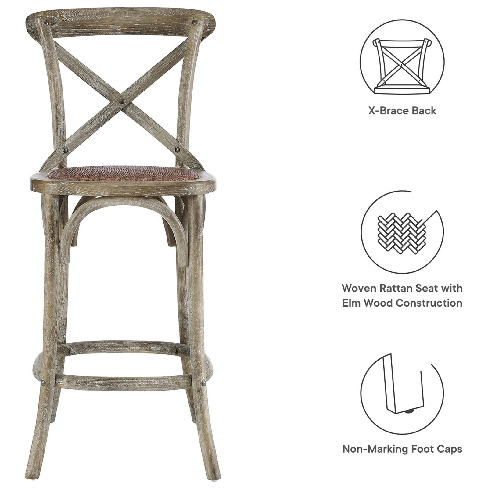 Cross-back counter stool features elm wood construction, woven rattan seat, and protective foot caps || EEI-5667-GRY || callout_studio