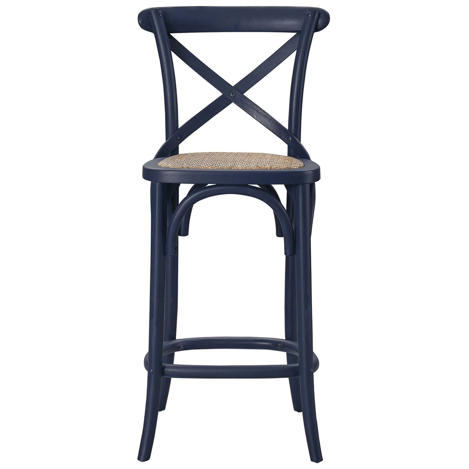 Midnight blue counter stool with classic X-brace back, elm wood frame, and natural rattan seat. || EEI-5667-MID || front_studio