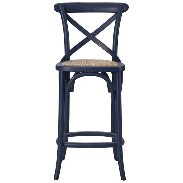 Midnight blue counter stool with classic X-brace back, elm wood frame, and natural rattan seat. || EEI-5667-MID || front_studio