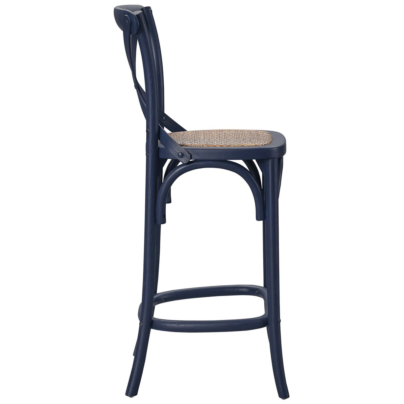 Streamlined counter stool with splayed legs, oval footrest, and a handwoven natural rattan seat. || EEI-5667-MID || side_studio