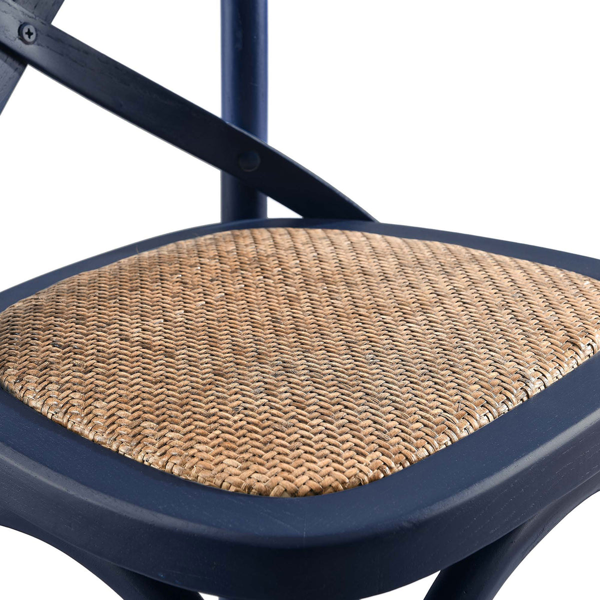 Tightly woven rattan seat adds texture and breathable comfort atop the midnight blue counter stool. || EEI-5667-MID || detail_studio