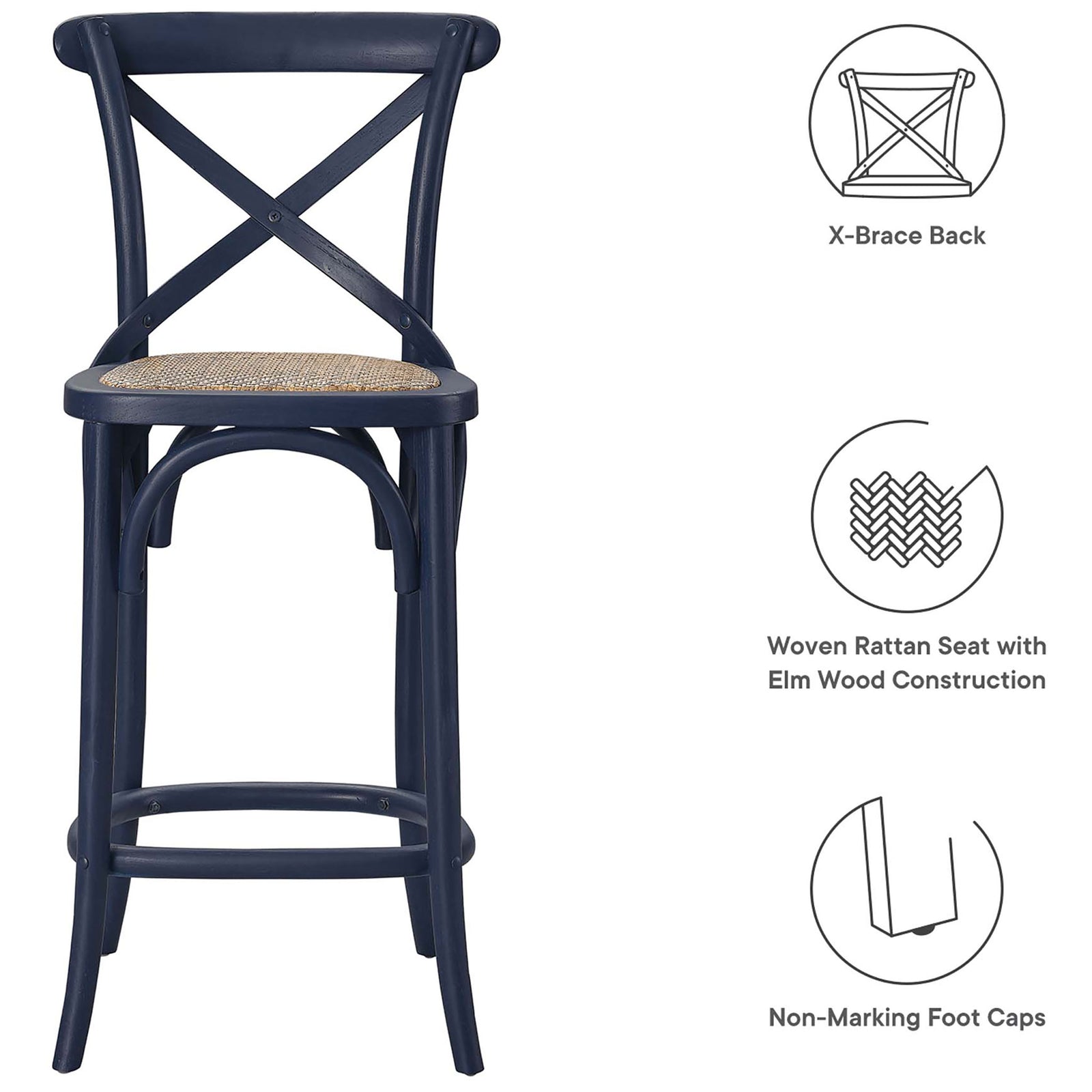 Key features include an X-brace back, woven rattan seat, and non-marking foot caps. || EEI-5667-MID || callout_studio