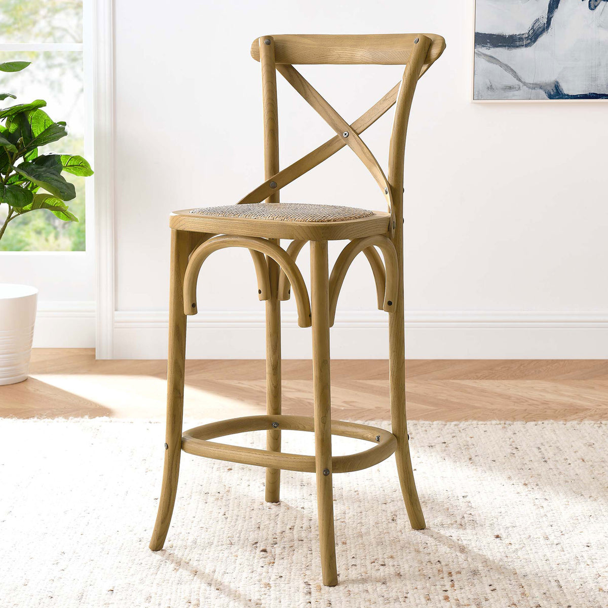 Natural counter stool brings relaxed farmhouse charm to kitchens and dining nooks. || EEI-5667-NAT || front_angle_room