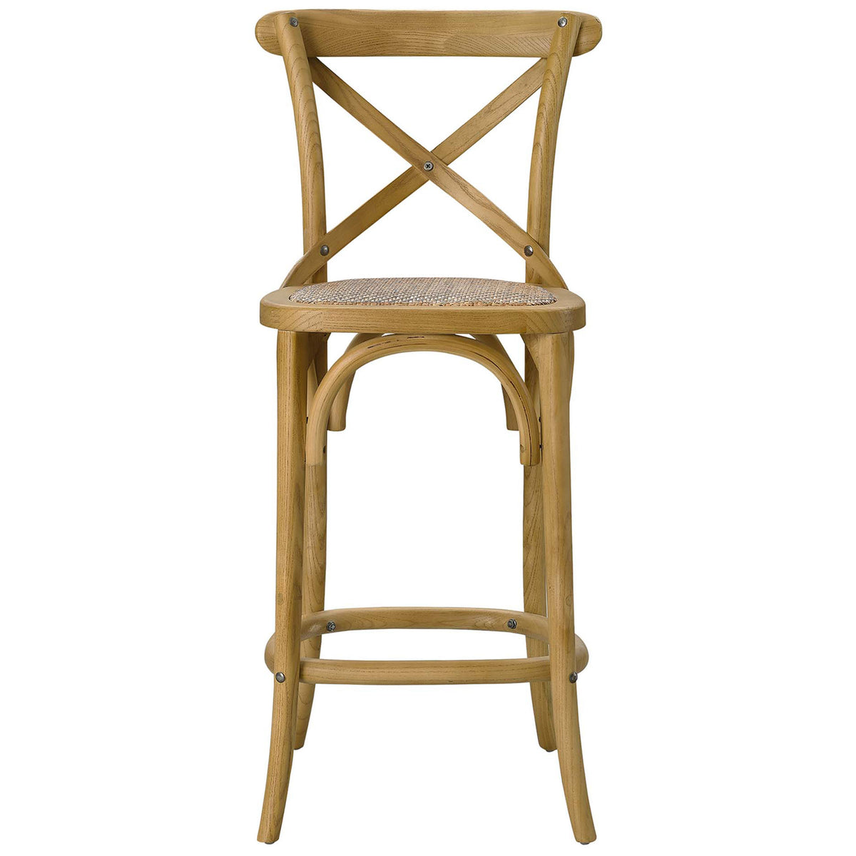 Natural elm counter stool with X-brace back and woven rattan seat, bringing warm farmhouse style. || EEI-5667-NAT || front_studio