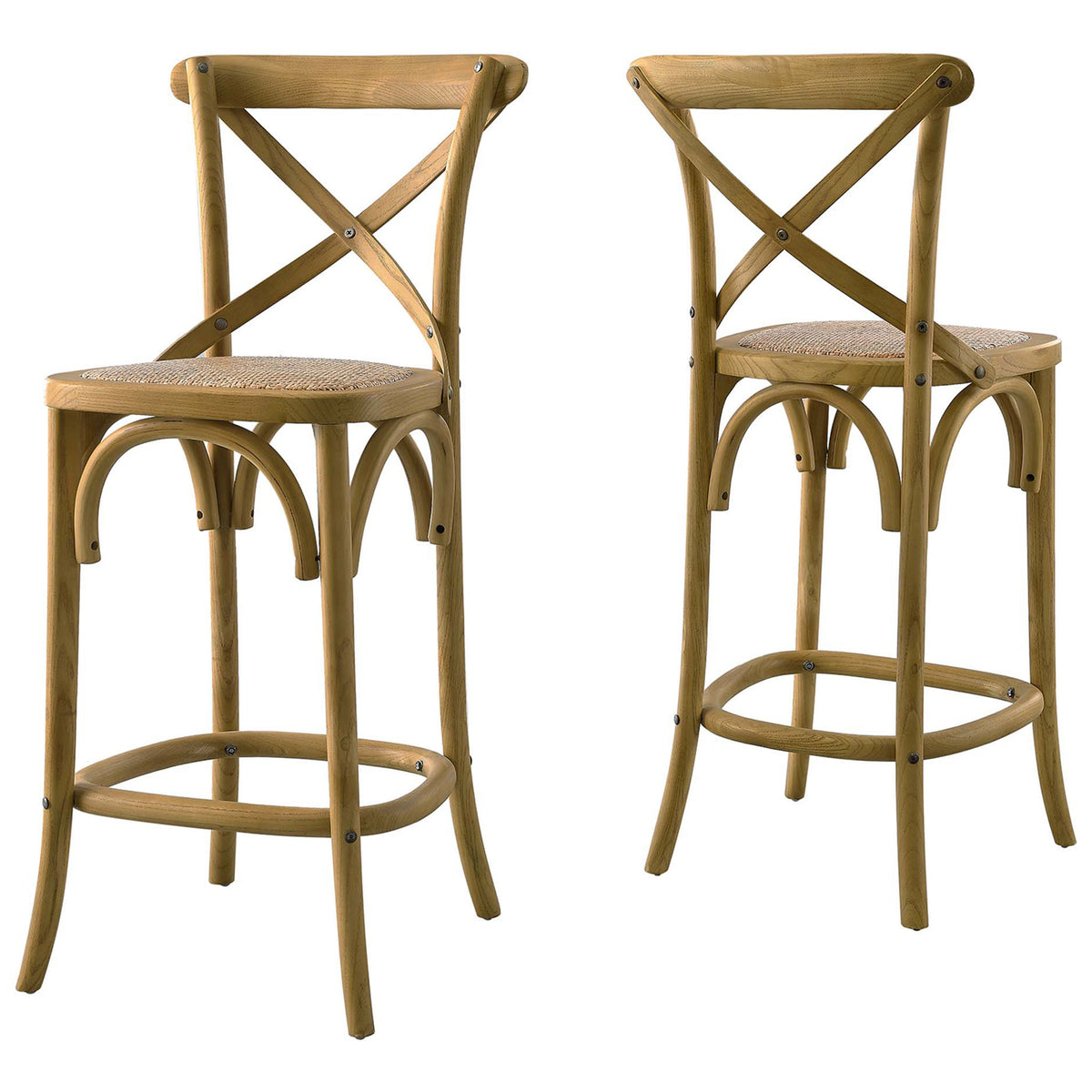 Classic cross-back counter stool with curved footrest and airy rattan weaving. || EEI-5667-NAT || front_angle_studio