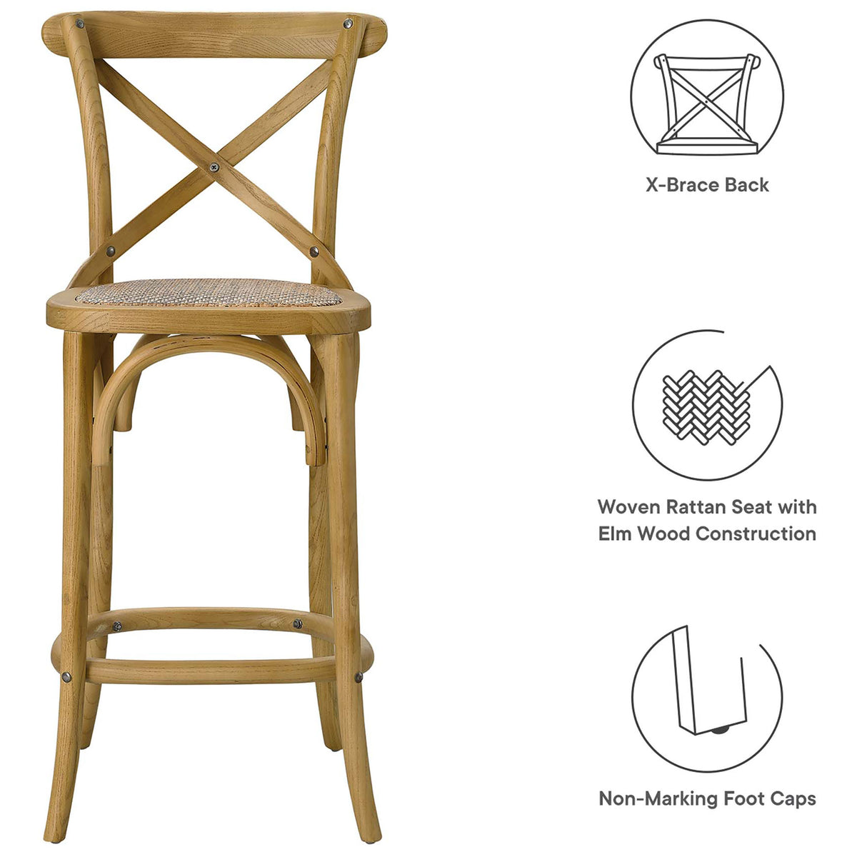 Durable elm counter stool with supportive X-back, woven seat, and non-marking foot caps. || EEI-5667-NAT || callout_studio