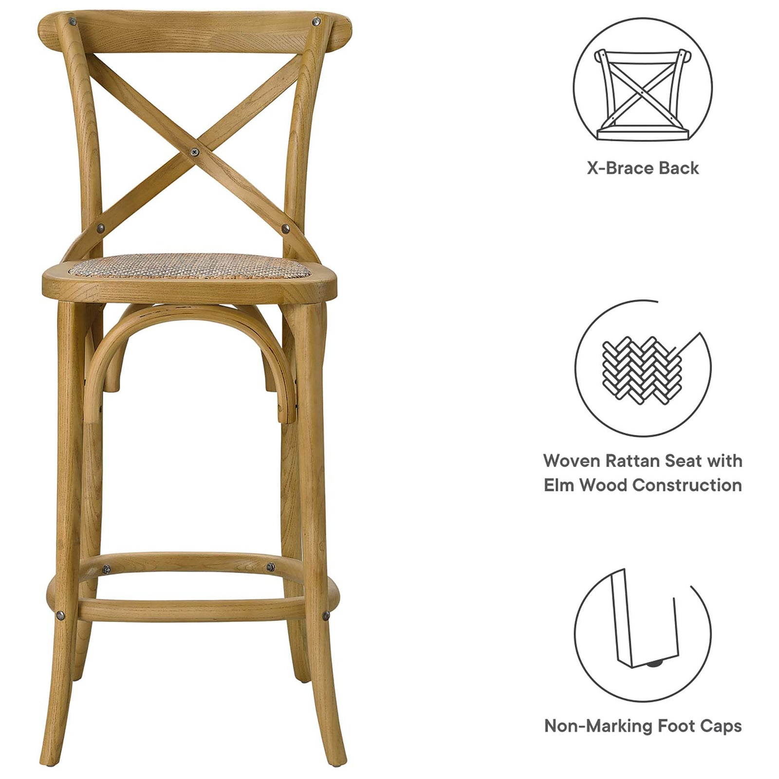 Durable elm counter stool with supportive X-back, woven seat, and non-marking foot caps. || EEI-5667-NAT || callout_studio
