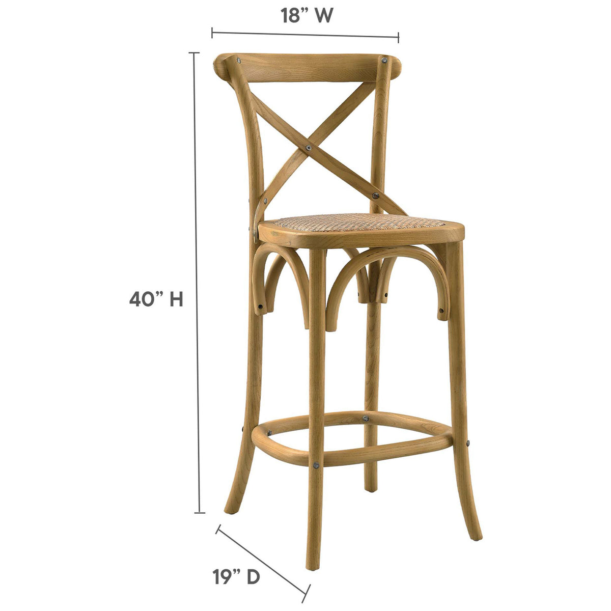 Space-savvy counter stool sized for kitchen islands, crafted from elm with a woven rattan seat. || EEI-5667-NAT || dimension_studio