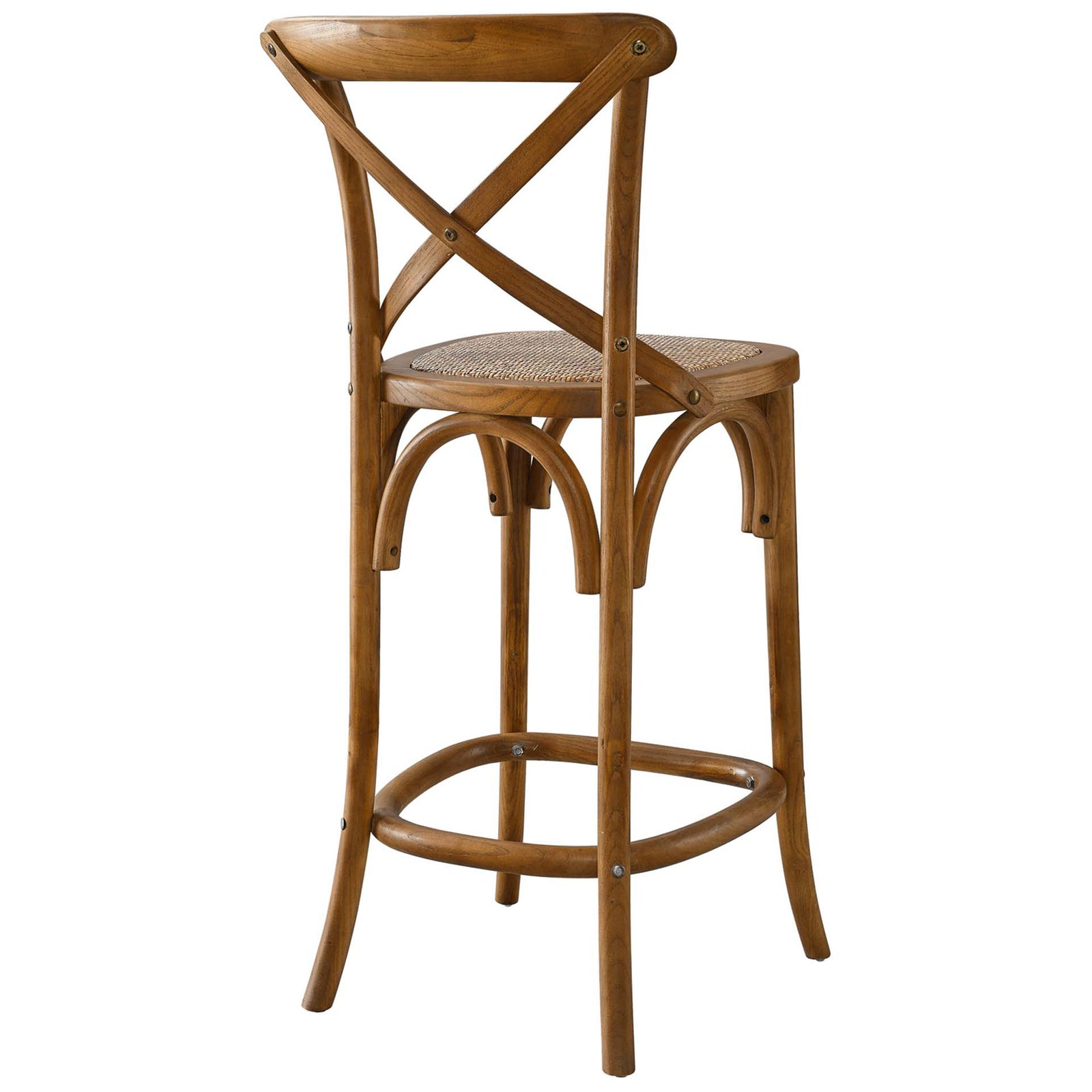 Curving backrest with crossed braces and smooth walnut grain elevates the look || EEI-5667-WAL || back_angle_studio