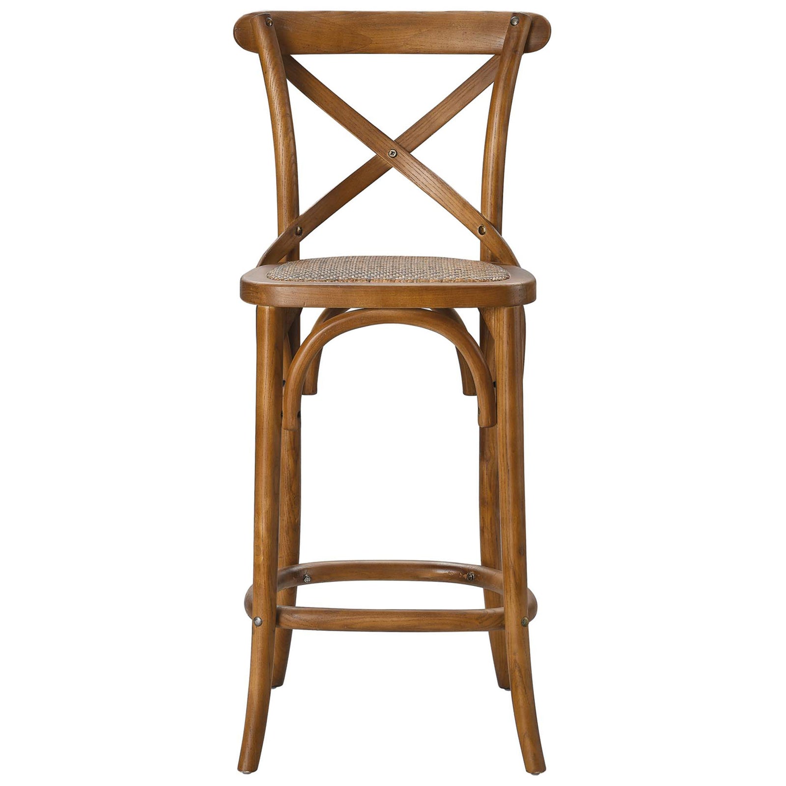 Farmhouse counter stool in walnut with X-back and woven rattan seat || EEI-5667-WAL || front_studio