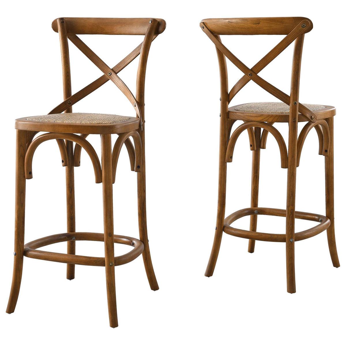 Pair-ready counter stool design with X-back and supportive footrest ring || EEI-5667-WAL || front_angle_studio