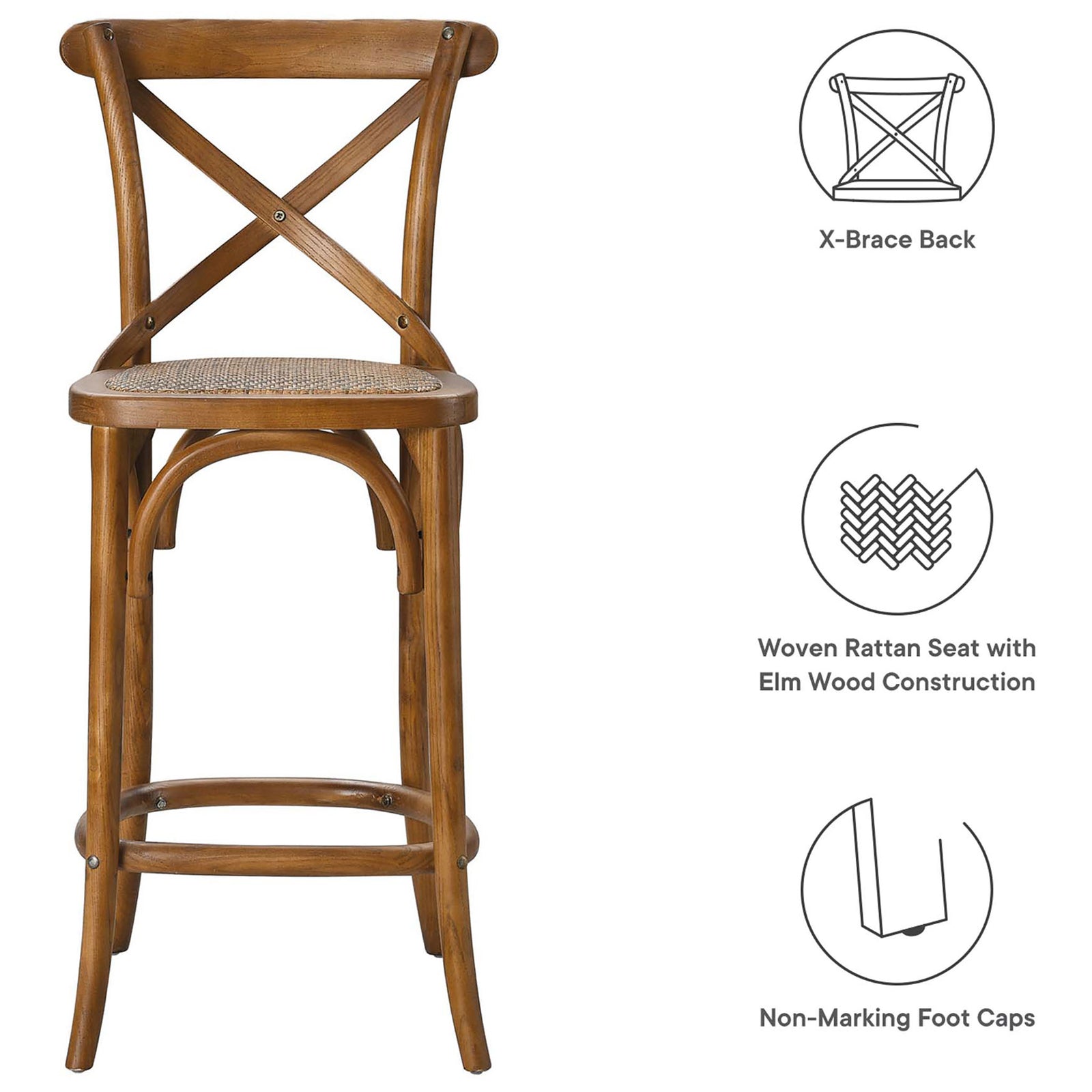 Key features: X-brace back, woven rattan seat, elm wood, non-marking foot caps || EEI-5667-WAL || callout_studio