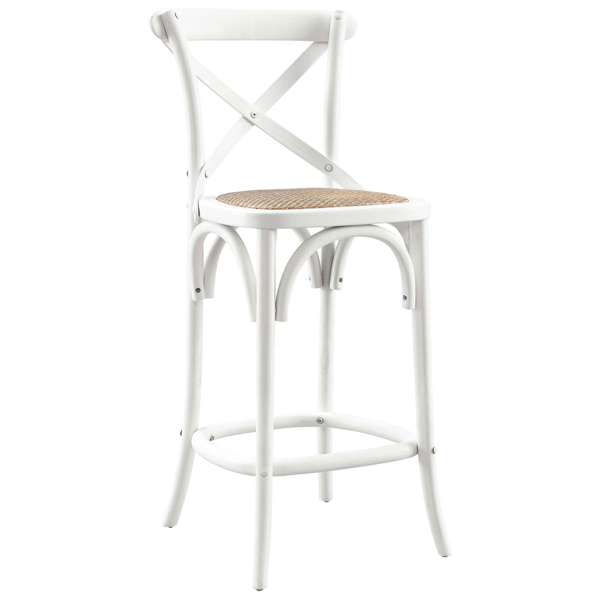 Farmhouse counter stool in white elm with rattan seat and arched supports. || EEI-5667-WHI || front_angle_studio