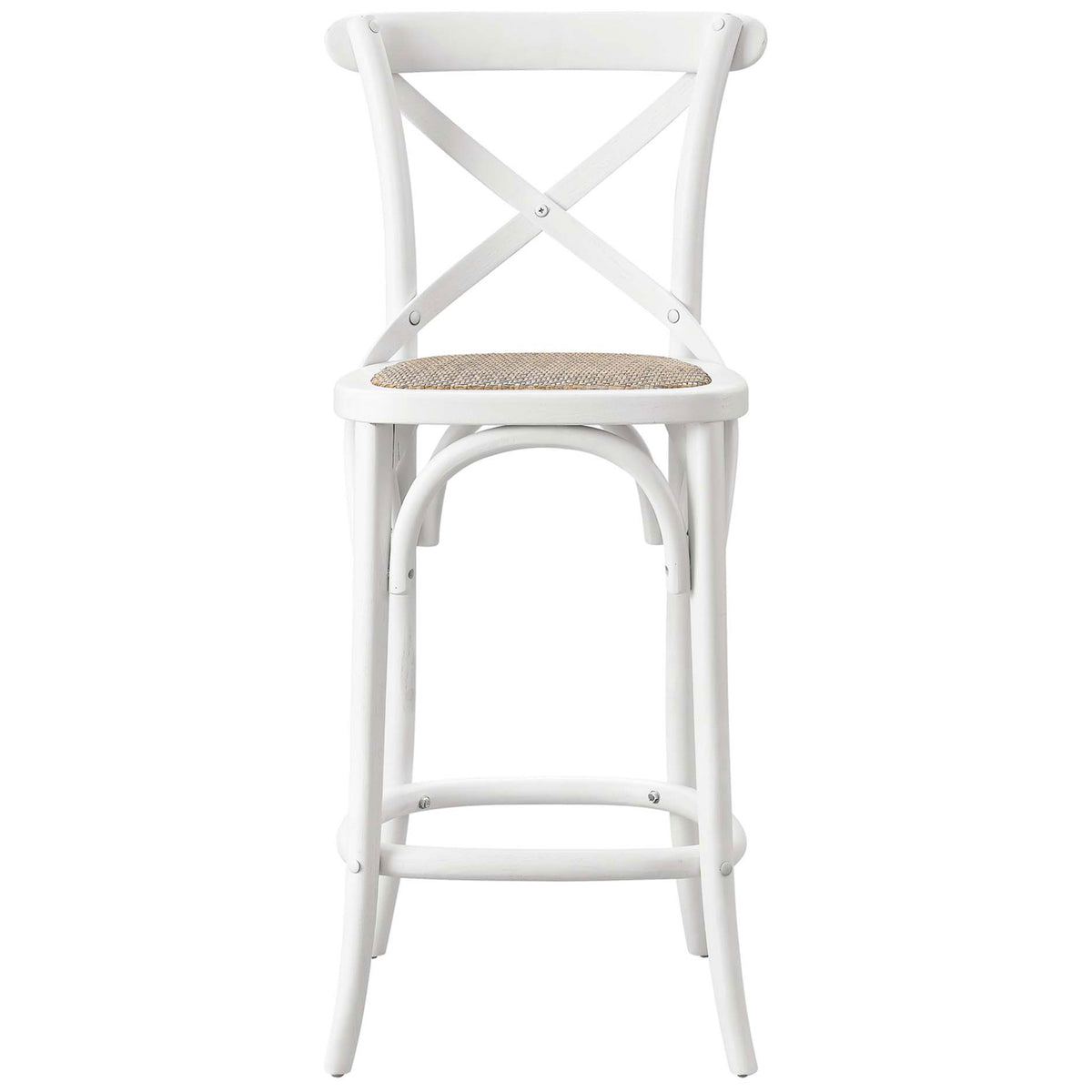 White counter stool with X-brace back, woven rattan seat, and curved footrest ring. || EEI-5667-WHI || front_studio