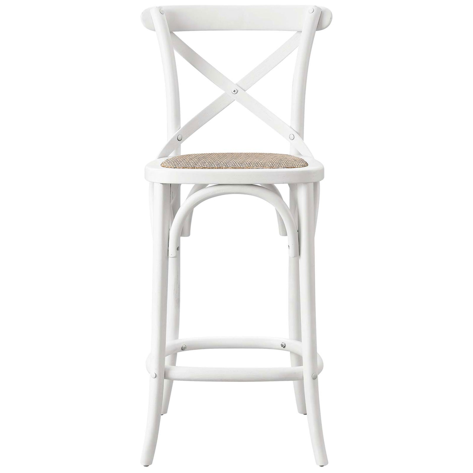 White counter stool with X-brace back, woven rattan seat, and curved footrest ring. || EEI-5667-WHI || front_studio