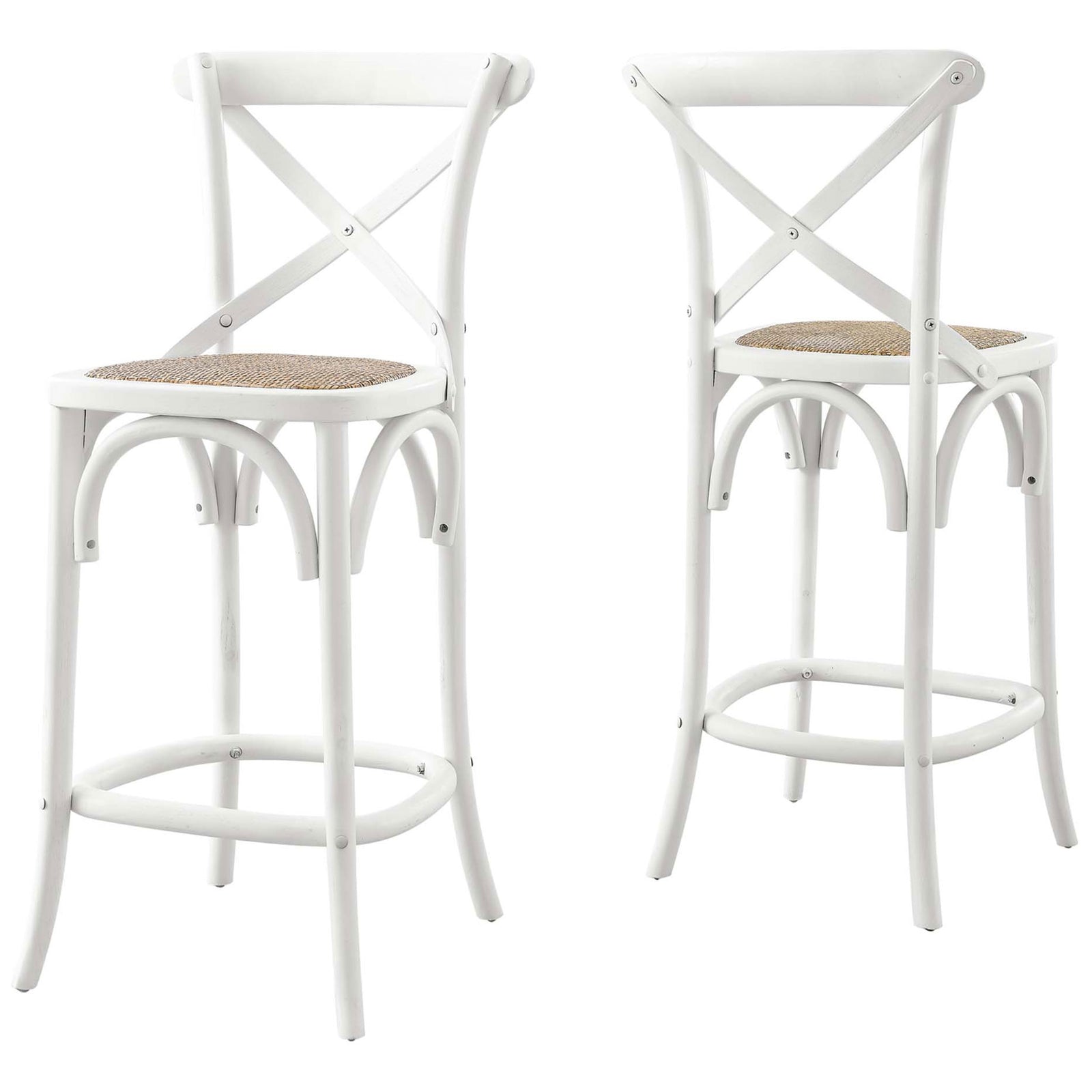 Charming white counter stool with airy X-back and natural rattan texture. || EEI-5667-WHI || front_angle_studio