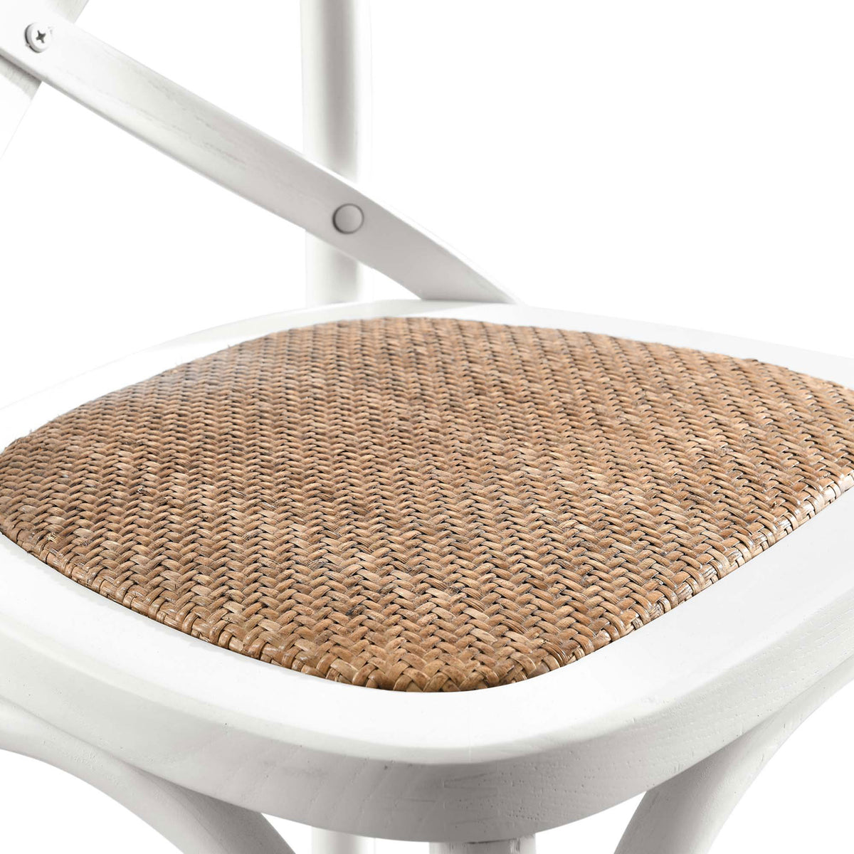 Tightly woven rattan seat with smooth edges adds warm contrast to the white frame. || EEI-5667-WHI || detail_studio