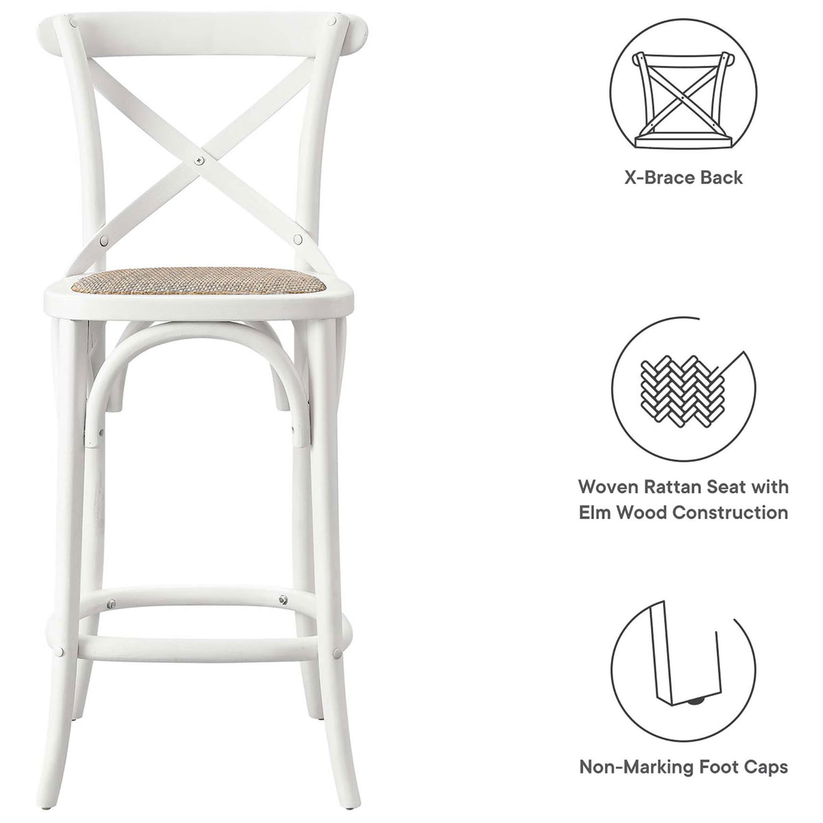 Durable elm counter stool with rattan seat, X-back support, and floor-friendly foot caps. || EEI-5667-WHI || callout_studio
