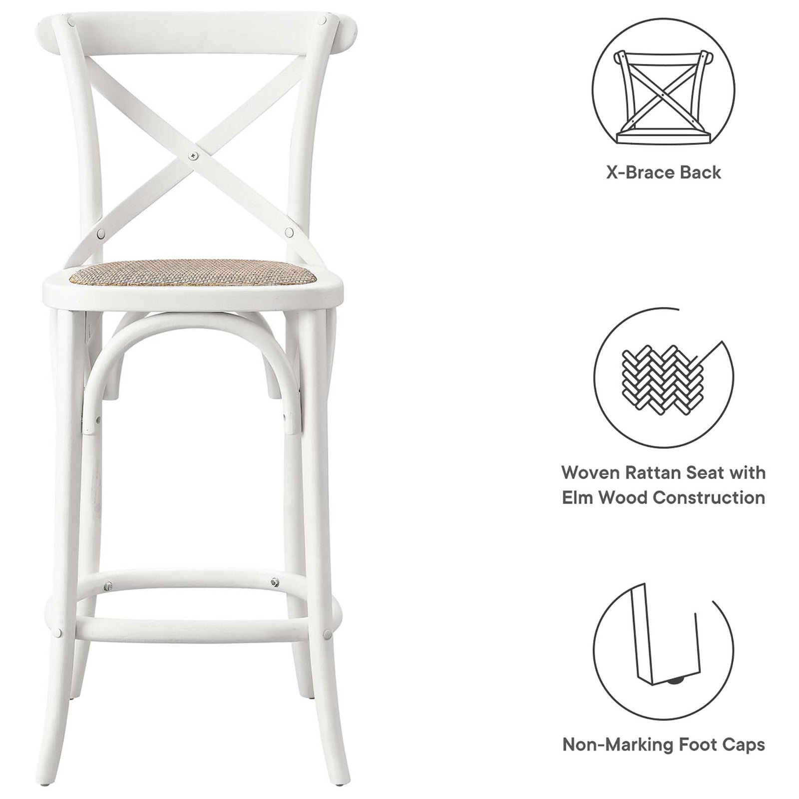 Durable elm counter stool with rattan seat, X-back support, and floor-friendly foot caps. || EEI-5667-WHI || callout_studio