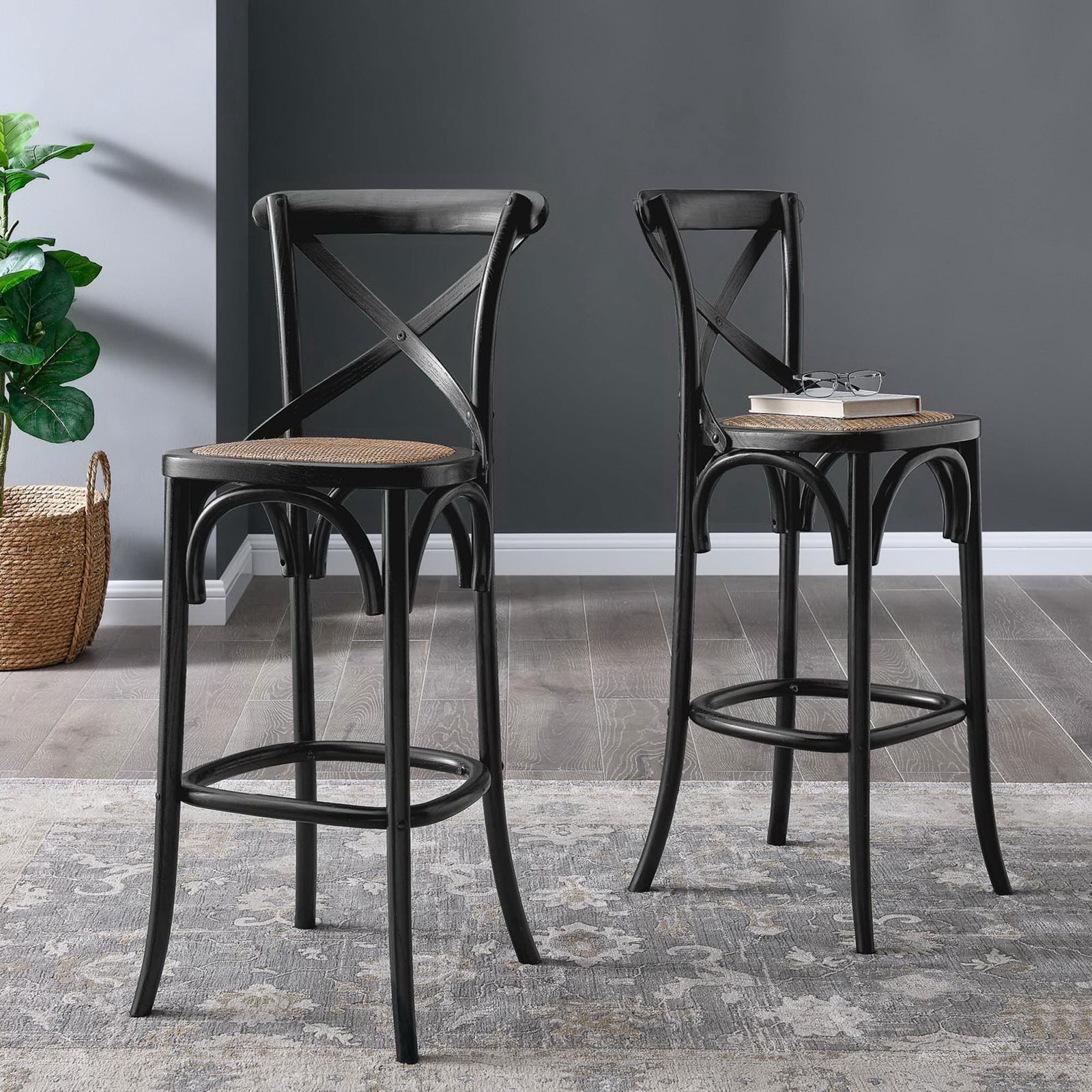 Two bar stools enhance the room with X-back frames, rattan seats, and footrests. || EEI-5668-BLK || front_angle_room