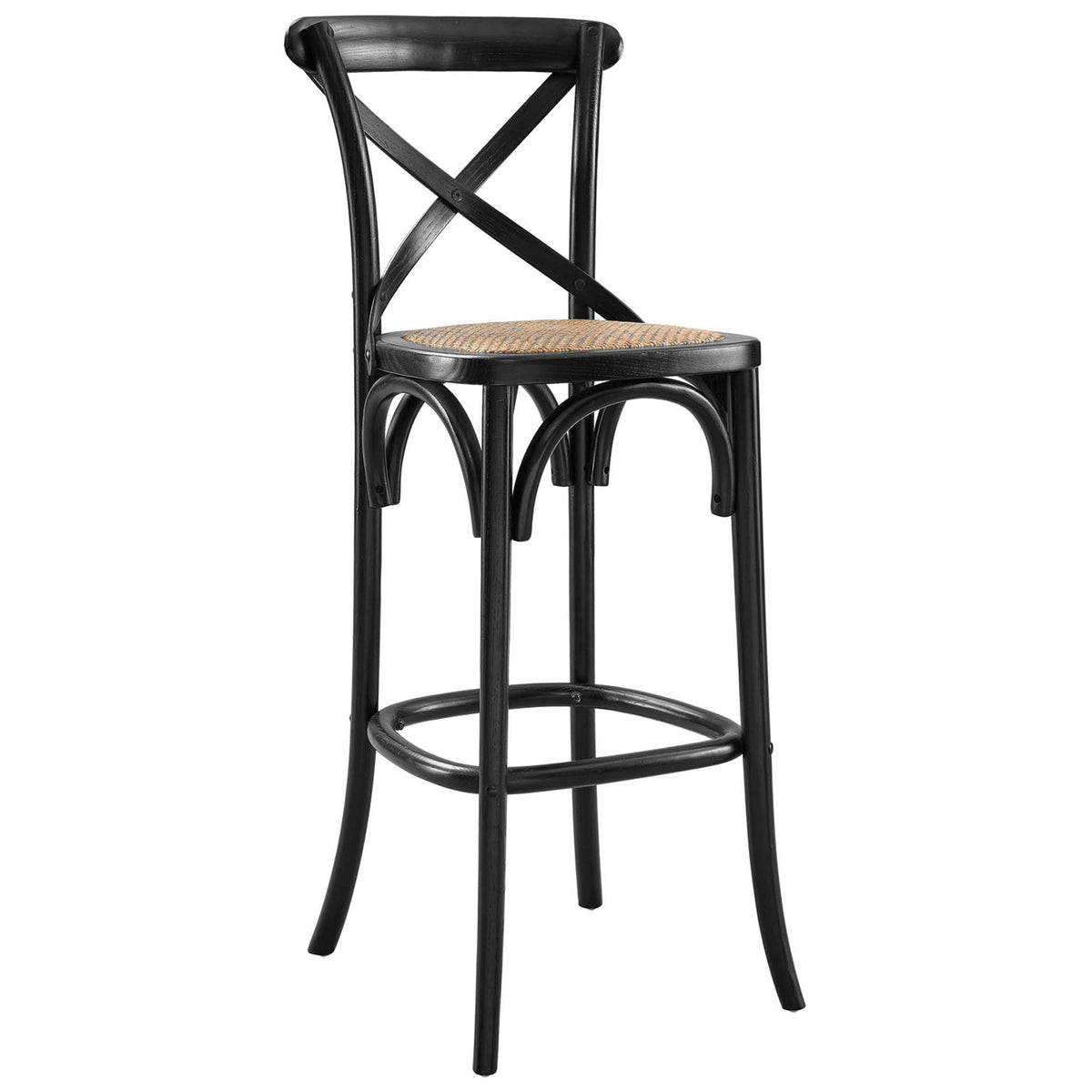 Bar stool with black elm frame, X-brace back, woven rattan seat, and round footrest. || EEI-5668-BLK || front_angle_studio
