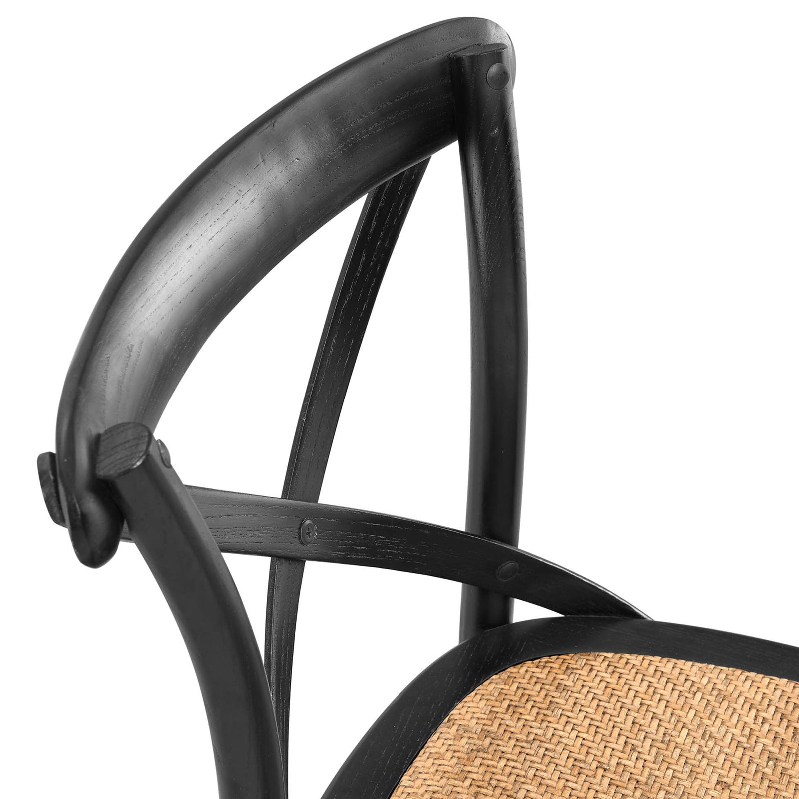 Refined curved backrest and cross brace meet a textured woven rattan seat. || EEI-5668-BLK || detail_studio