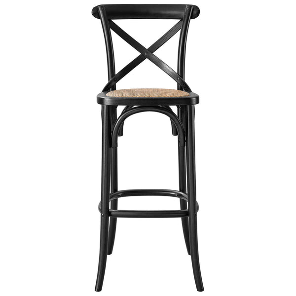 Bar stool features X-brace back, woven rattan seat, and sturdy black elm construction. || EEI-5668-BLK || front_studio