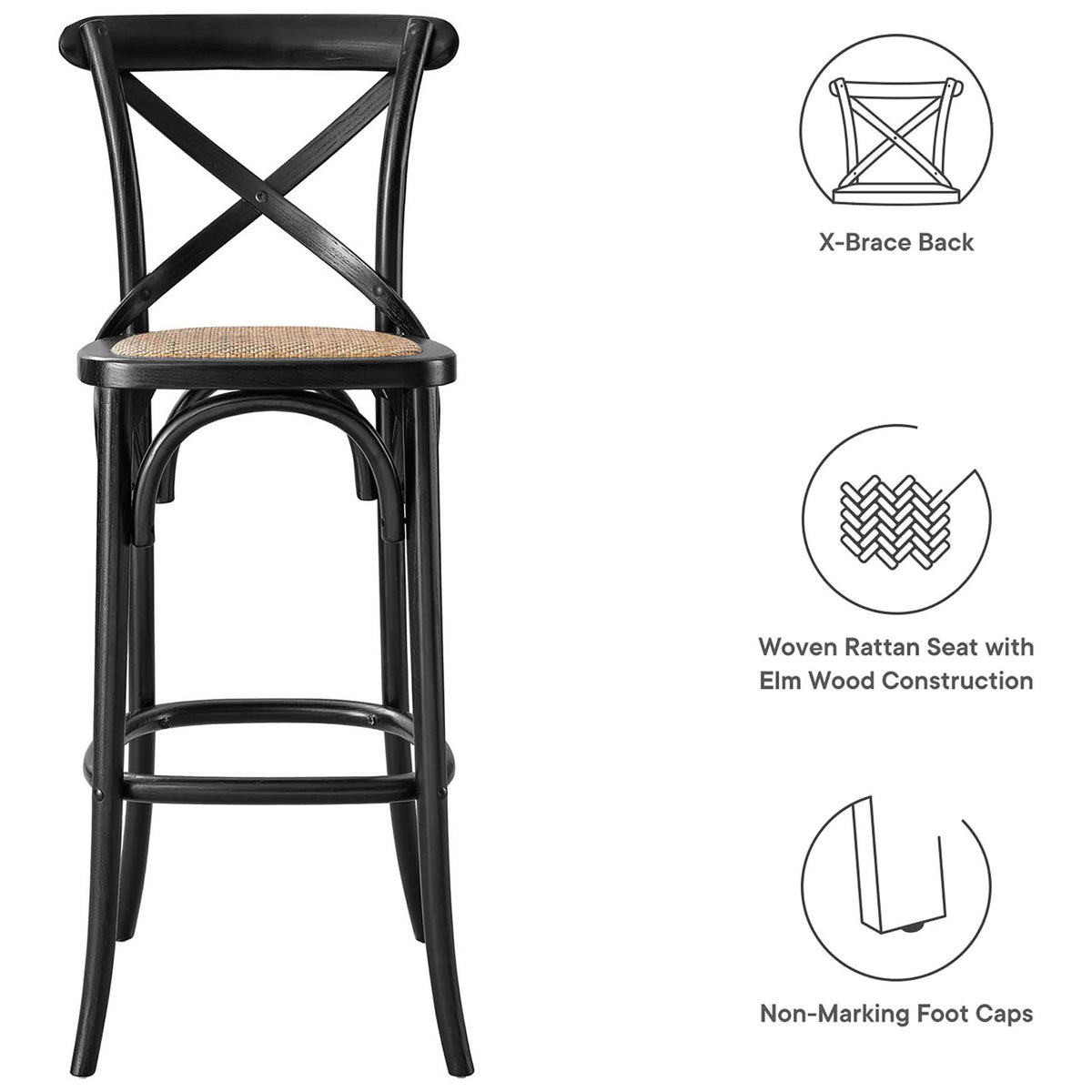 Key features include an X-brace back, woven rattan seat, and non-marking foot caps. || EEI-5668-BLK || callout_studio