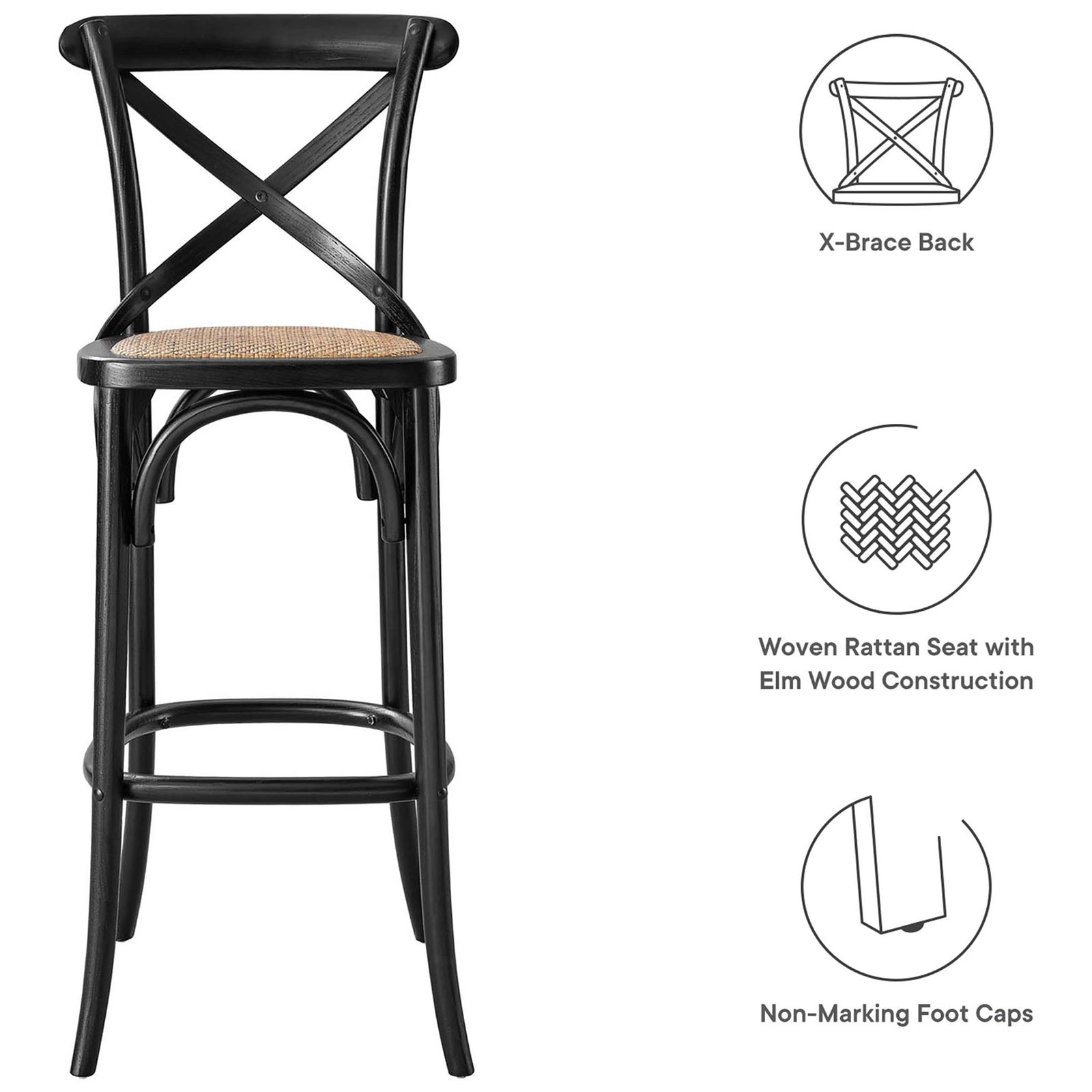 Key features include an X-brace back, woven rattan seat, and non-marking foot caps. || EEI-5668-BLK || callout_studio